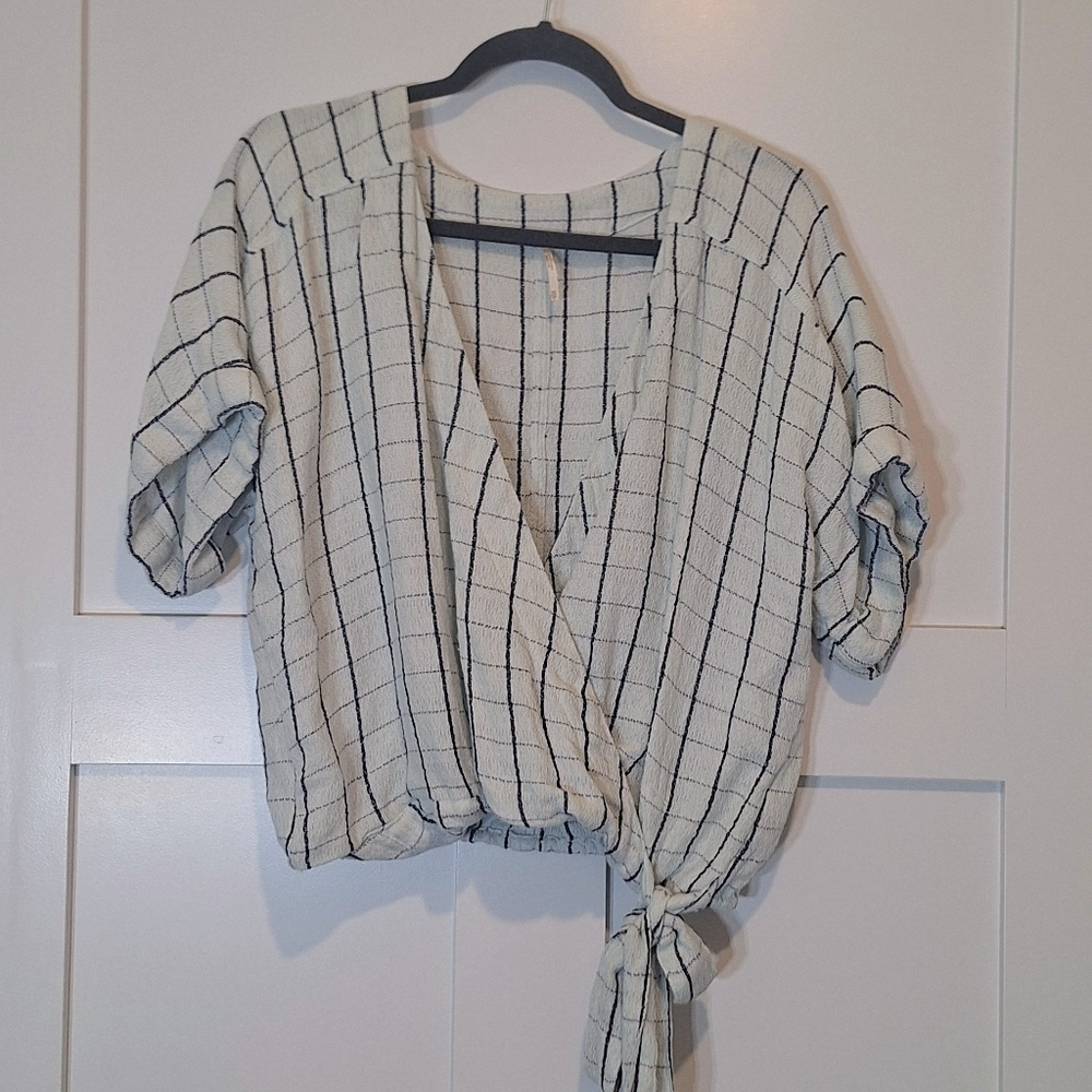 Free People Windowpane Wrap Blouse Top Front Tie Linen Cotton White Black XS